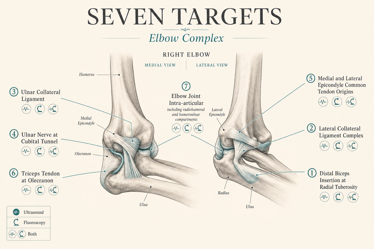 Editorial medical infographic on a warm cream background titled Seven Targets, Elbow Complex, showing medial and lateral views of the right elbow with seven labeled anatomical targets: distal biceps insertion at the radial tuberosity, lateral collateral ligament complex, ulnar collateral ligament, ulnar nerve at the cubital tunnel, medial and lateral epicondyle common tendon origins, triceps tendon at the olecranon, and the elbow joint intra-articular including radiohumeral and humeroulnar compartments, with a legend showing which targets are done under ultrasound, fluoroscopy, or both