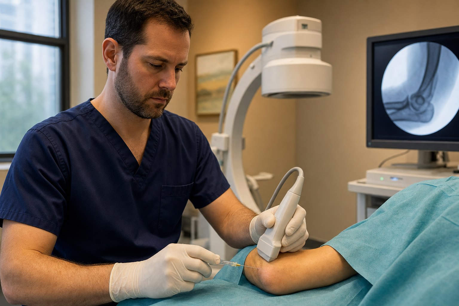 A focused physician in dark navy scrubs performs an image-guided elbow injection in a warm minimalist procedure suite, holding a linear ultrasound probe over the lateral elbow in one hand and a fine gauge needle in the other, with a C-arm fluoroscopy unit and a fluoroscopic image of an elbow joint on a monitor in the background