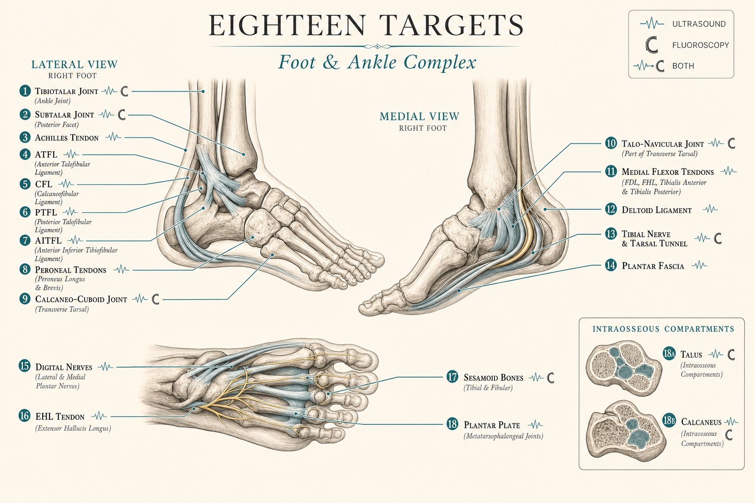 Editorial medical infographic on a warm cream background titled Eighteen Targets, Foot and Ankle Complex, showing lateral and medial views of the right foot with numbered anatomical targets: tibiotalar joint, subtalar joint, Achilles tendon, ATFL, CFL, PTFL, AITFL, peroneal tendons, calcaneo-cuboid joint, talo-navicular joint, medial flexor tendons, deltoid ligament, tibial nerve and tarsal tunnel, plantar fascia, digital nerves, EHL tendon, sesamoid bones, plantar plate, and intraosseous compartments of the talus and calcaneus, with a legend indicating which targets are done under ultrasound, fluoroscopy, or both