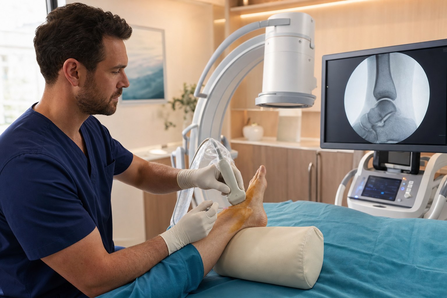 A physician performing an image-guided ankle injection with an ultrasound probe and C-arm fluoroscopy in a warm minimalist procedure suite