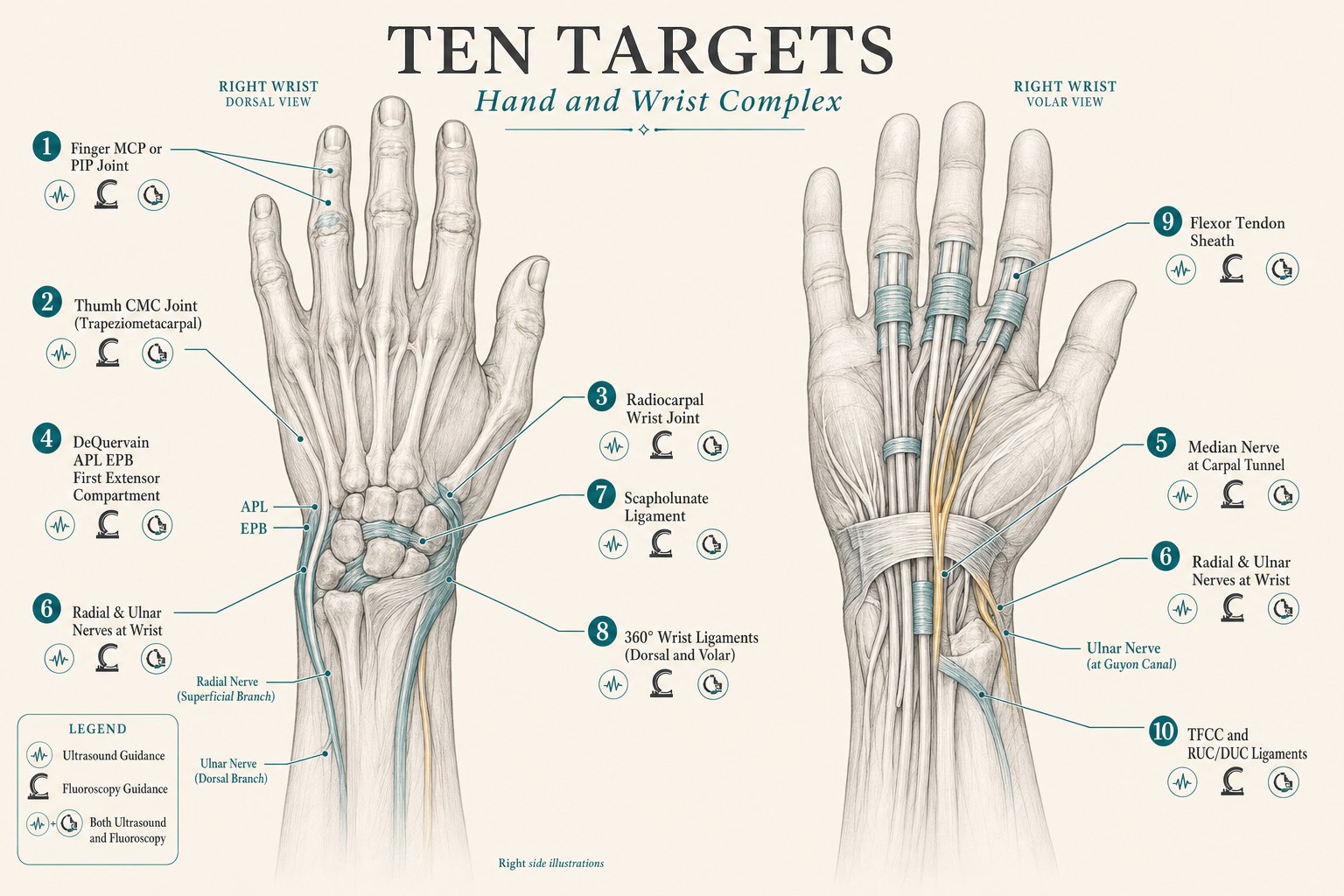 Editorial medical infographic on a warm cream background titled Ten Targets, Hand and Wrist Complex, showing dorsal and volar views of the right wrist and hand with ten labeled anatomical targets: finger MCP and PIP joints, thumb CMC joint, radiocarpal wrist joint, De Quervain first extensor compartment, median nerve at the carpal tunnel, radial and ulnar nerves at the wrist, scapholunate ligament, 360 degree dorsal and volar wrist ligaments, flexor tendon sheath, and TFCC with RUC and DUC ligaments, with a legend showing which targets are done under ultrasound, fluoroscopy, or both