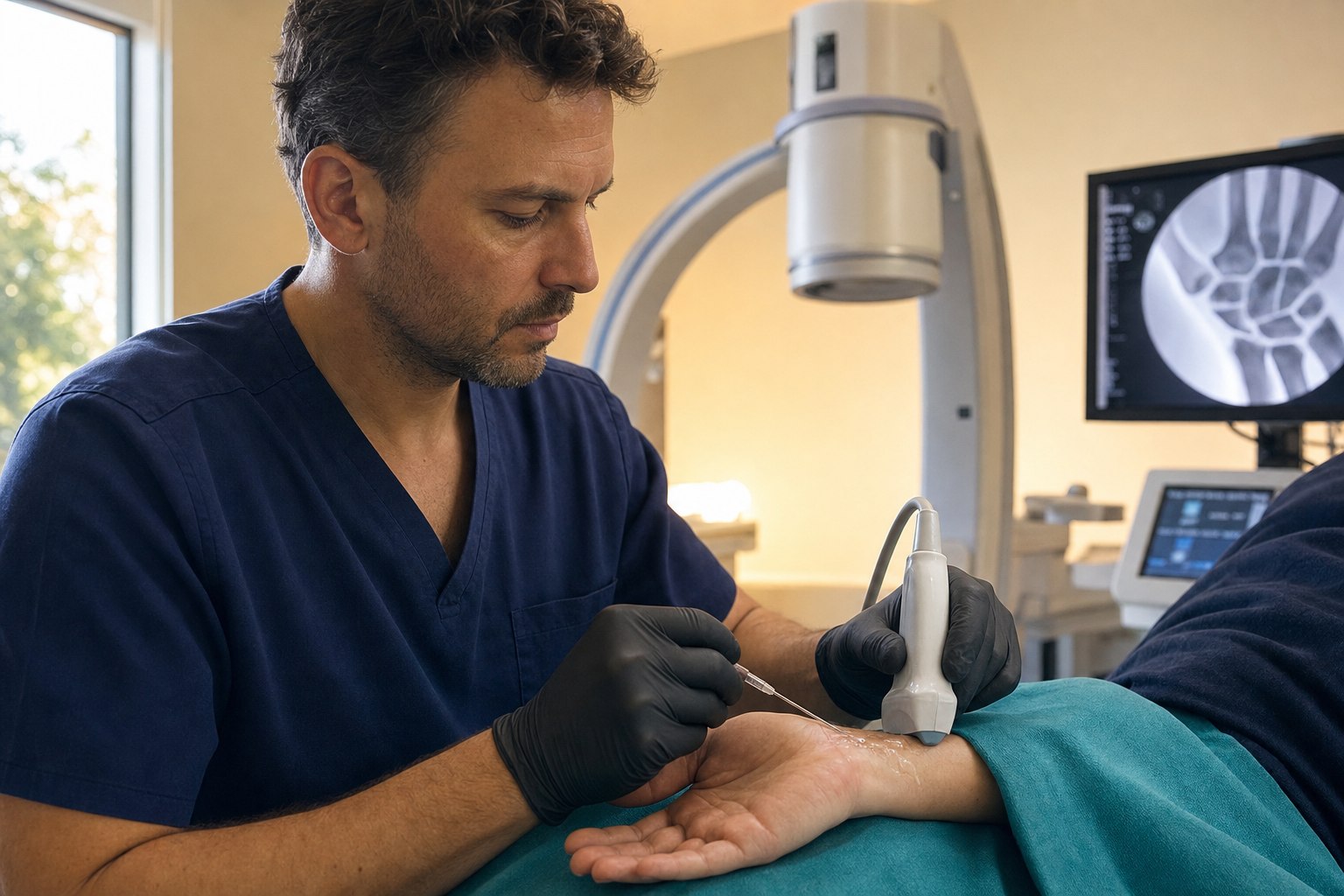 A physician performing an image-guided wrist injection with an ultrasound probe and fine needle in a warm minimalist procedure suite