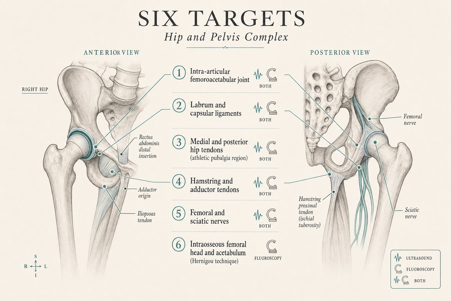 Editorial medical infographic on a warm cream background titled Six Targets, Hip and Pelvis Complex, showing anterior and posterior views of the right hip with six labeled anatomical targets: intra-articular femoroacetabular joint, labrum and capsular ligaments, medial and posterior hip tendons for athletic pubalgia, hamstring and adductor tendons, femoral and sciatic nerves, and intraosseous femoral head and acetabulum (Hernigou technique), with a legend showing which targets are done under ultrasound, fluoroscopy, or both