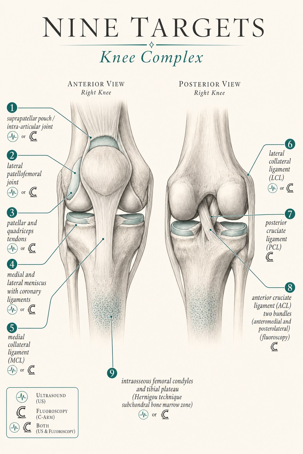 Editorial medical infographic on a warm cream background titled Nine Targets, Knee Complex, showing anterior and posterior views of the right knee with nine labeled anatomical targets: suprapatellar pouch and intra-articular joint, lateral patellofemoral joint, patellar and quadriceps tendons, medial and lateral menisci with coronary ligaments, MCL, LCL, PCL, ACL with two bundles under fluoroscopy, and intraosseous femoral condyles and tibial plateau (Hernigou technique), with a legend showing which targets are done under ultrasound, fluoroscopy, or both