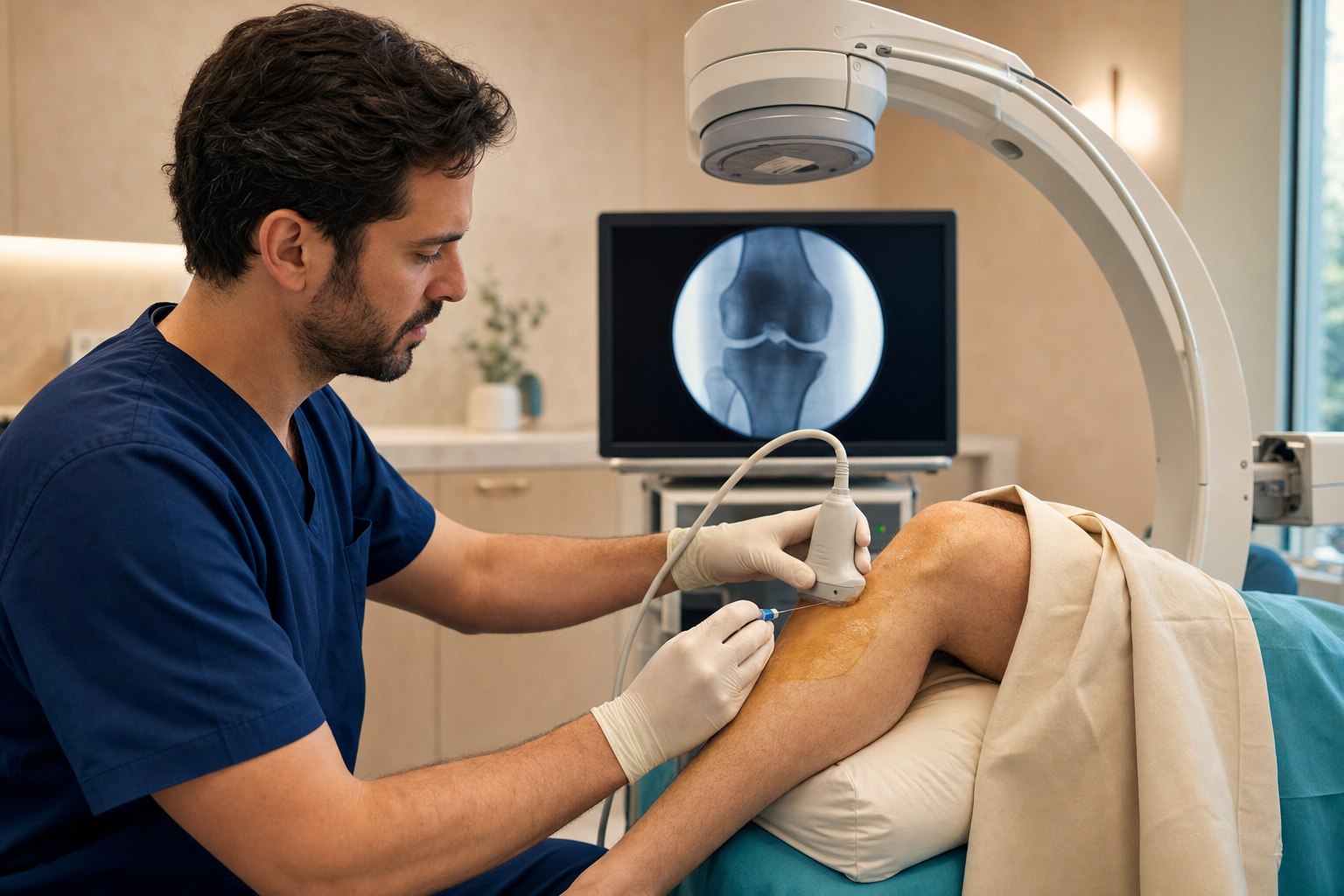 A physician performing an image-guided knee injection with an ultrasound probe and C-arm fluoroscopy in a warm minimalist procedure suite