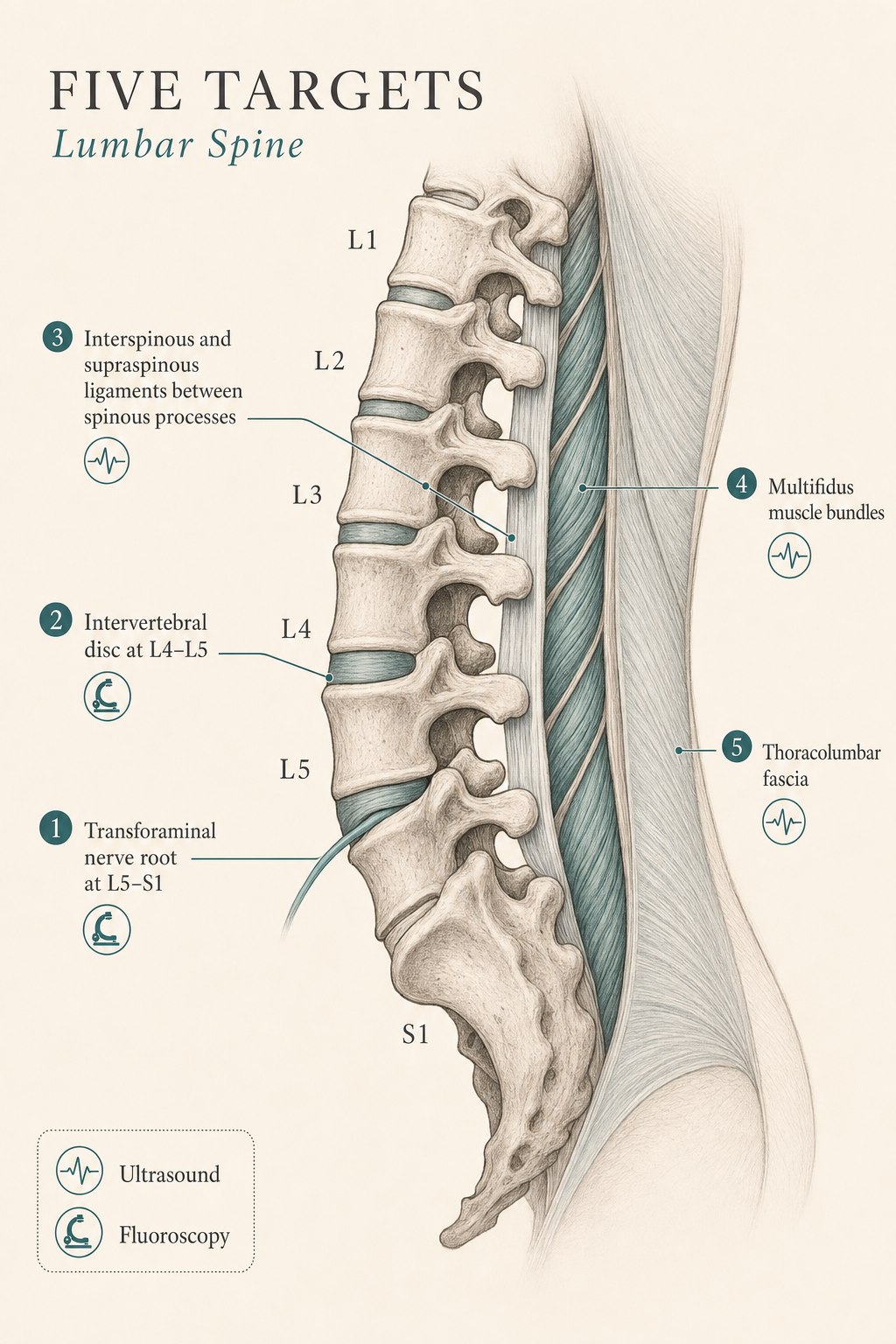 Editorial medical infographic on a warm cream background showing a lateral view of the lumbar spine from L1 through S1 with five labeled anatomical targets: the transforaminal nerve root at L5-S1 marked with a fluoroscopy icon, the intervertebral disc at L4-L5 marked with a fluoroscopy icon, the interspinous and supraspinous ligaments between the spinous processes marked with an ultrasound icon, the multifidus muscle bundles alongside the vertebrae marked with an ultrasound icon, and the thoracolumbar fascia as a broad shaded sheet across the low back marked with an ultrasound icon, with a small corner legend showing which icon means ultrasound and which means fluoroscopy