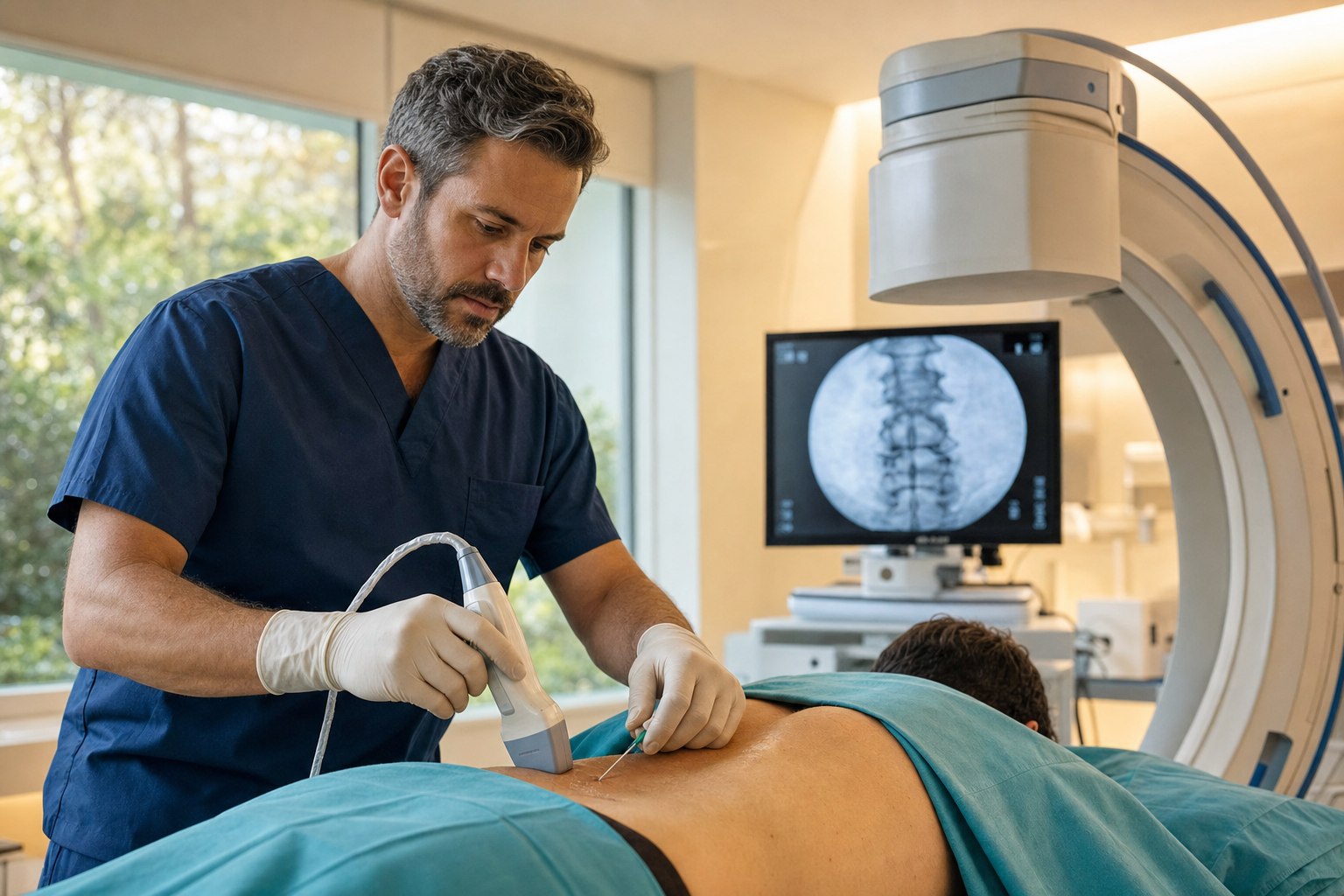 A focused physician in dark navy scrubs performs an image-guided lumbar spine injection in a warm minimalist procedure suite, holding a handheld ultrasound probe in one hand and a fine gauge needle in the other, with a C-arm fluoroscopy unit and a fluoroscopic image of a lumbar vertebra on a monitor in the background