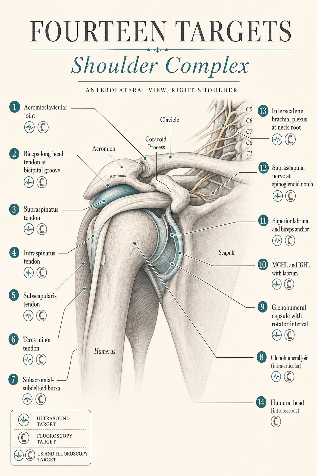 Editorial medical infographic on a warm cream background titled Fourteen Targets, Shoulder Complex, showing an anterolateral view of the right shoulder with fourteen labeled anatomical targets: the acromioclavicular joint, biceps long head tendon at the bicipital groove, supraspinatus, infraspinatus, subscapularis, and teres minor tendons, subacromial-subdeltoid bursa, glenohumeral joint intra-articular space, glenohumeral capsule with rotator interval, MGHL and IGHL with the labrum, superior labrum and biceps anchor, suprascapular nerve at the spinoglenoid notch, interscalene brachial plexus at the neck root, and the intraosseous humeral head, with a legend showing which targets are done under ultrasound, fluoroscopy, or both