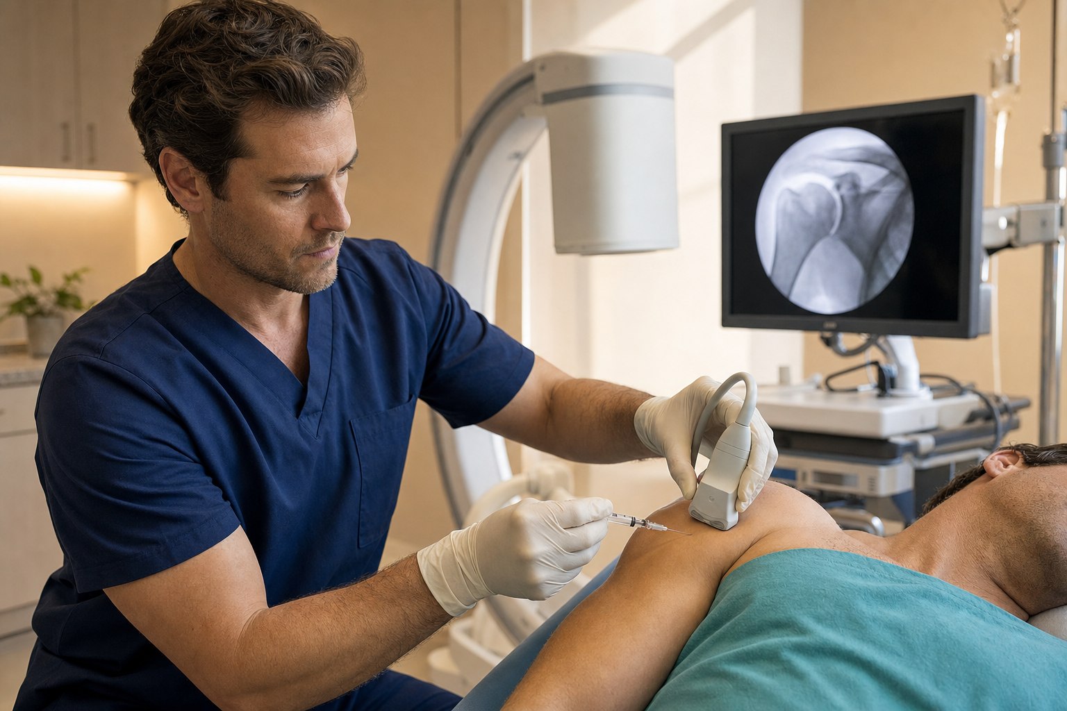 A focused physician in dark navy scrubs performs an image-guided shoulder injection in a warm minimalist procedure suite, holding a linear ultrasound probe over the anterolateral shoulder in one hand and a fine gauge needle in the other, with a C-arm fluoroscopy unit and a fluoroscopic image of a glenohumeral joint on a monitor in the background