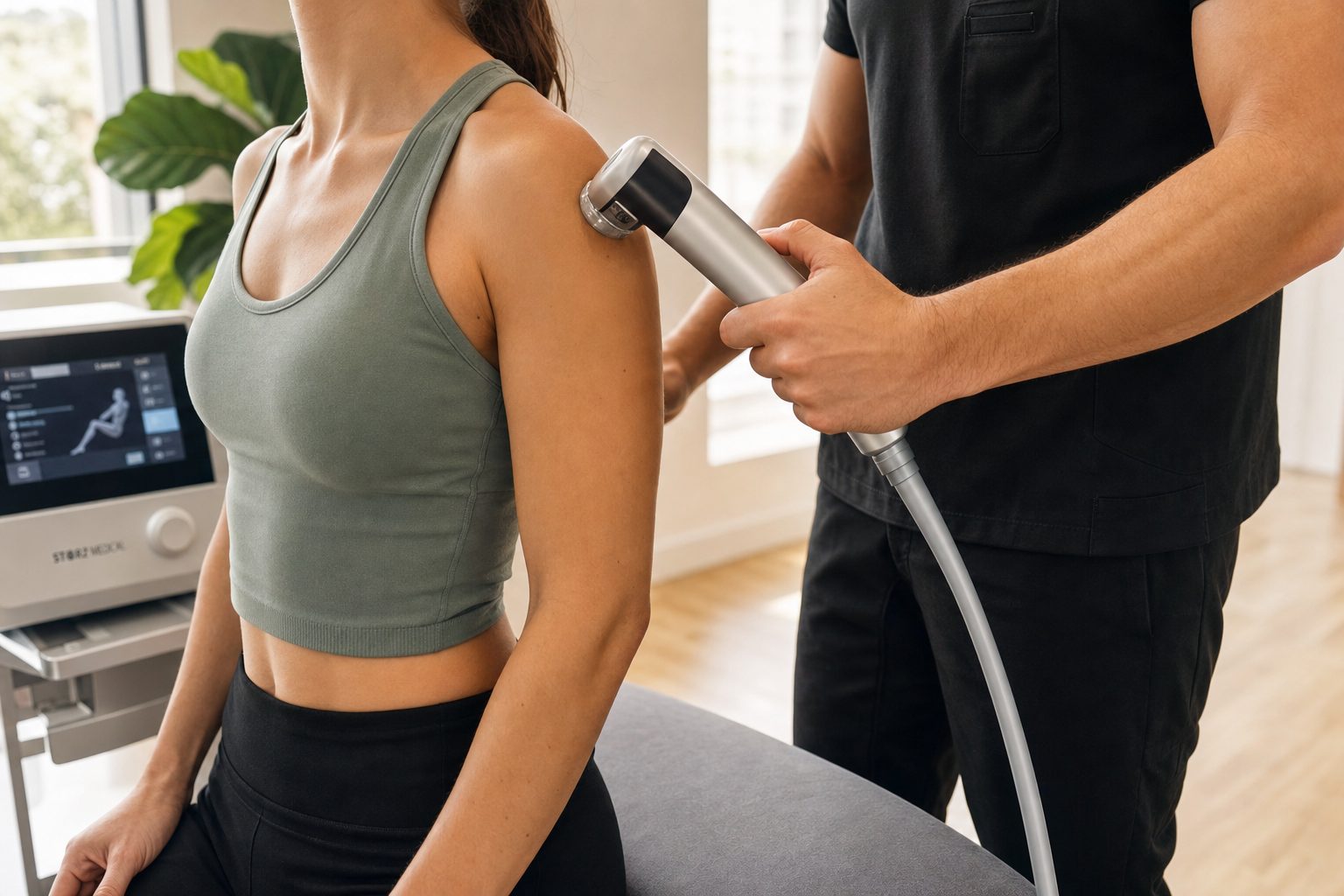 Clinician delivering extracorporeal shockwave therapy to a patient&rsquo;s shoulder in a modern Pravida Health treatment room