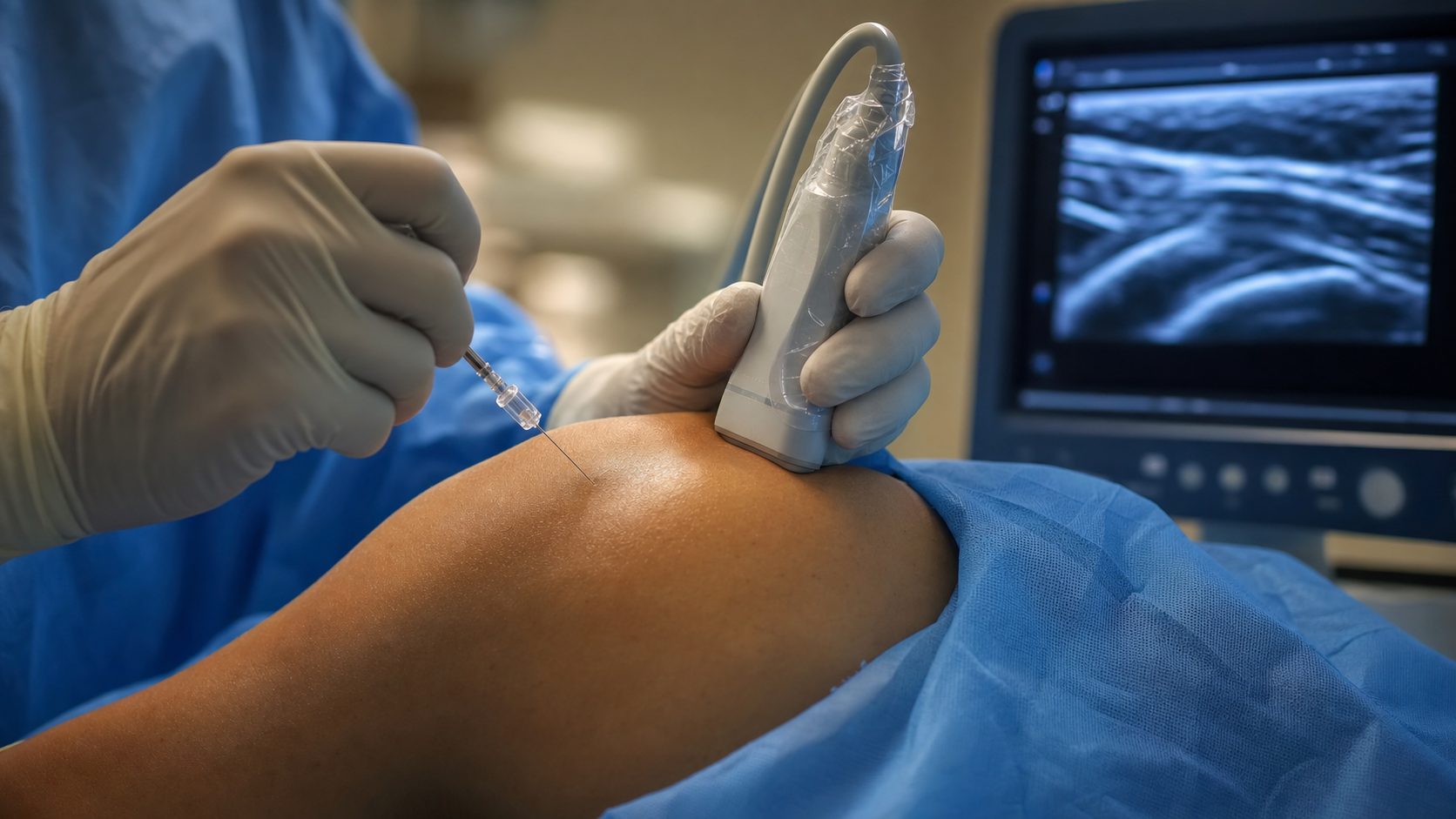 Physician performing an ultrasound-guided regenerative injection into the subacromial space of a patient&rsquo;s shoulder with the ultrasound monitor visible in the background