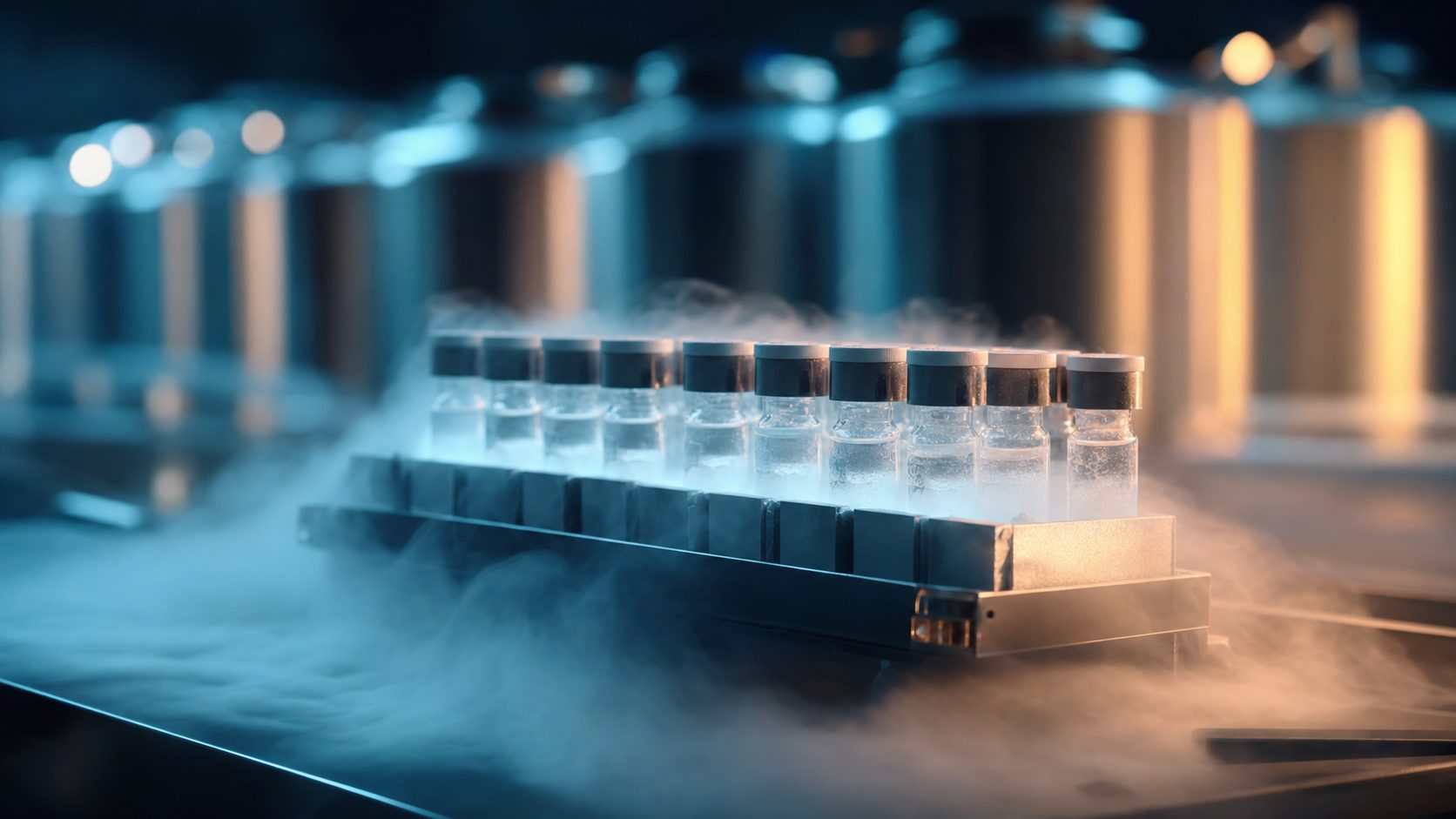 Cryogenic storage vials in a metal cryobox lifted from liquid-nitrogen vapor in a modern biorepository