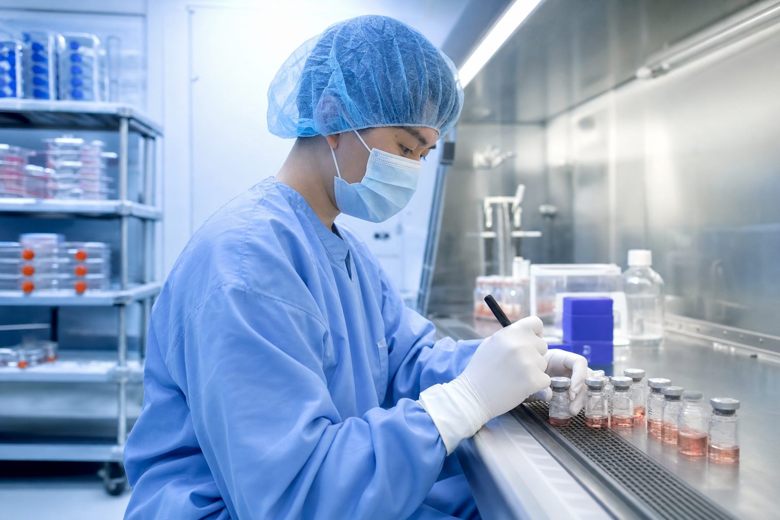 Laboratory technician in blue PPE, hair cover, mask, and sterile gloves labeling small vials of mesenchymal stem cells inside a stainless steel biosafety cabinet in a US cGMP cell therapy laboratory, with cell culture flasks visible in the background