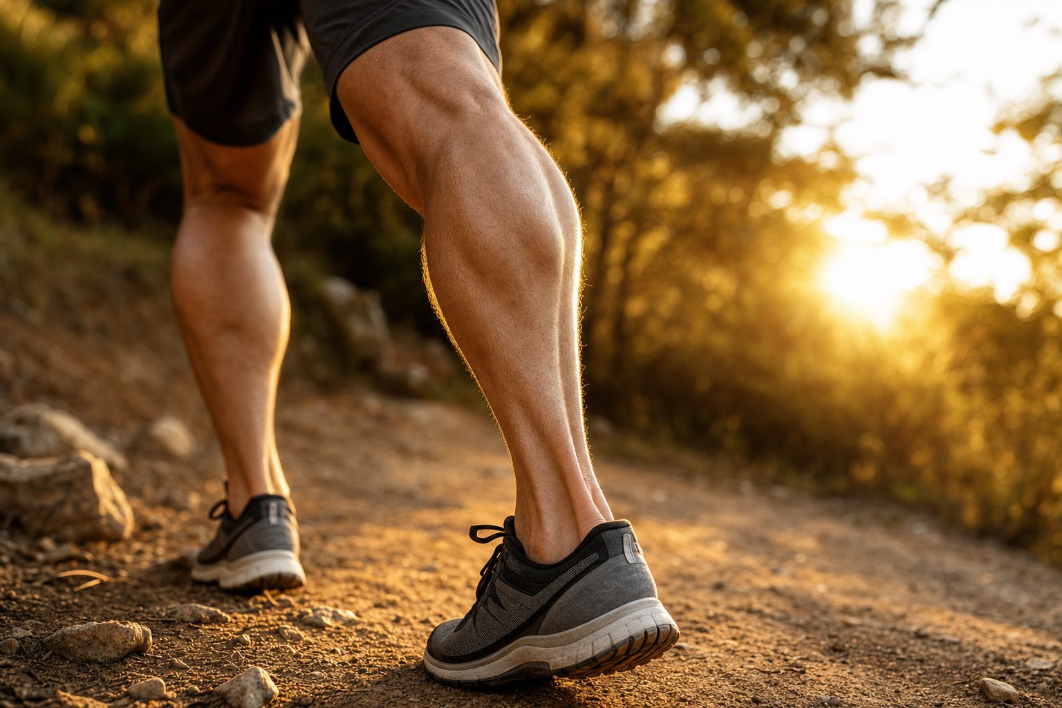 Close-up of a runner&rsquo;s lower leg and Achilles tendon at golden hour — the biology of tendon healing and regenerative medicine