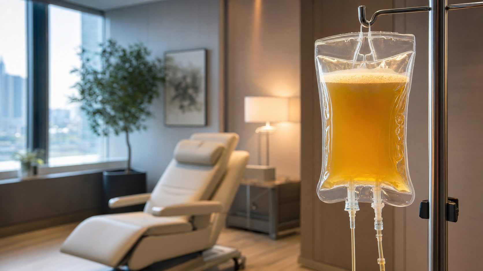 Amber plasma bag glowing on an IV pole in a premium infusion suite — therapeutic plasma exchange at Pravida Health