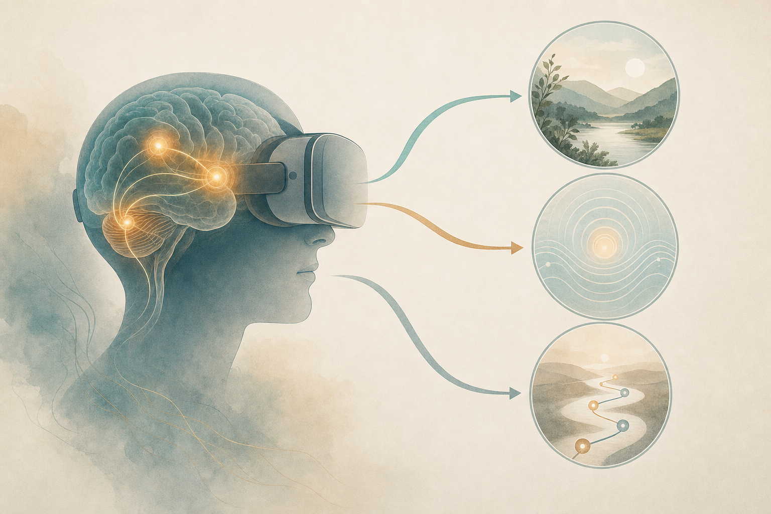 An editorial abstract scientific illustration showing a profile silhouette of a person wearing a virtual reality headset with a translucent view of the brain rendered in muted teal and warm amber, glowing nodes representing pain-processing regions like the insula, anterior cingulate, and prefrontal cortex connected by thin flowing lines, and three curved directional arrows leading to circular vignettes illustrating immersive nature scenery for distraction, concentric breathing rings for relaxation and biofeedback, and a winding path with waypoints for cognitive behavioral therapy skill-building over time