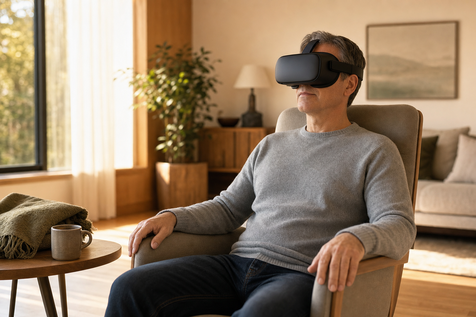 A middle-aged patient in a soft grey sweater sits relaxed in a modern minimalist armchair in a warm-toned living room, wearing a sleek black virtual reality headset for a self-administered in-home immersive therapy session