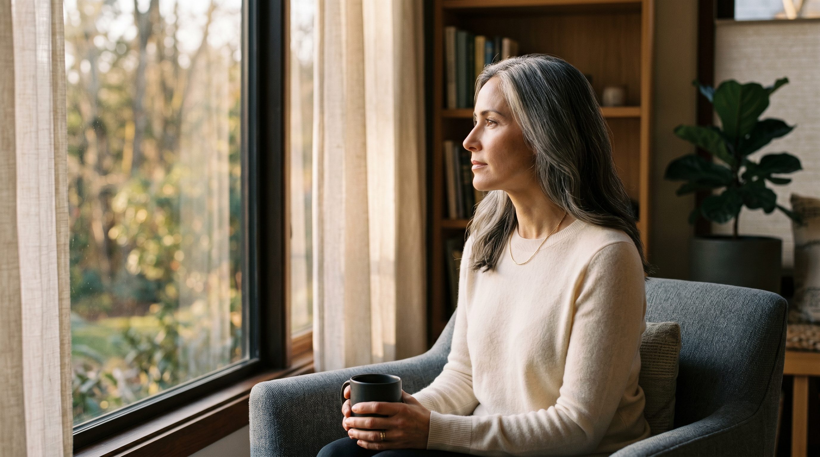 A poised woman in her mid-40s sitting by a sunlit window, holding a coffee mug — symbolizing the perimenopausal transition and women&rsquo;s hormonal health